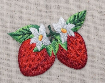 Double Strawberry - Two Strawberries  - White Blossoms - Fruit - Food - Embroidered Patch -  Iron on Applique  - 1511946-A