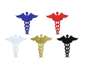 Caduceus, Medical, Nursing, Embroidered, Iron on Patch, Red, Blue, Black, White, Gold