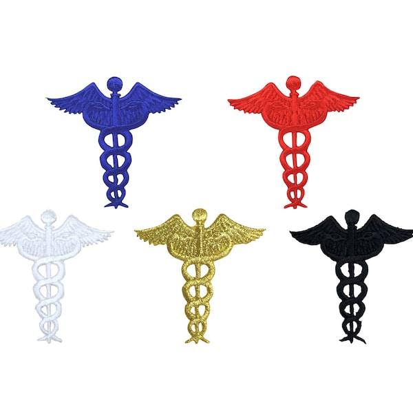 Caduceus, Medical, Nursing, Embroidered, Iron on Patch, Red, Blue, Black, White, Gold