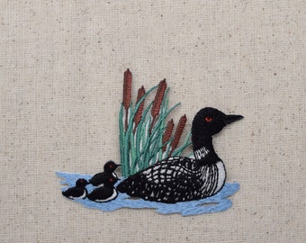 Loon with Baby Chicks - Cattails - in Water - Iron on Applique - Embroidered Patch - Birds - 694796-A