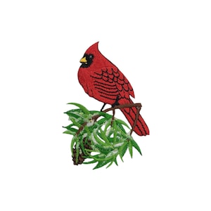 Red Cardinal sitting on Snowy Branch, Birds, Embroidered, Iron on Patch