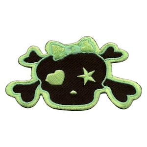 Baby Girl Skull, Black, Lime Green  - Embroidered Iron on Patch Halloween, Hat Bar Patches,