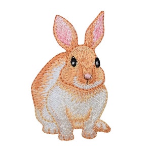 May include: Embroidered patch of a brown and white rabbit with pink ears. The rabbit is sitting with its front paws tucked in.