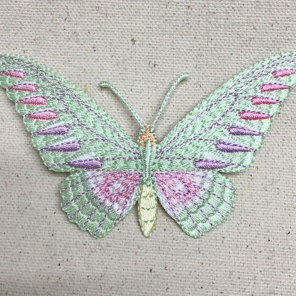 Moth/Butterfly - Pastel Colors - Green/Pink - Embroidered Patch - Iron on Applique - 240158-B