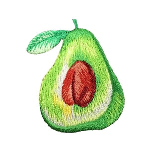 May include: Embroidered green avocado patch with a brown pit and a green leaf.