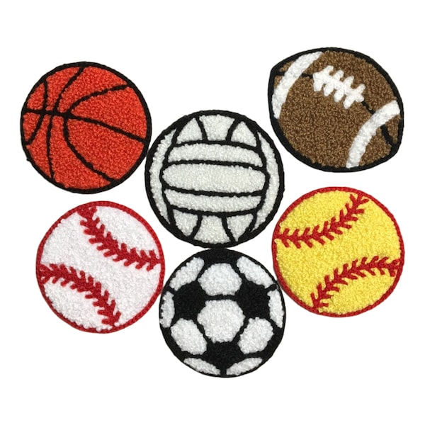 Chenille Sports Balls, Football, Soccer, Basketball, Baseball, Volleyball, Softball, Embroidered Iron on Patch