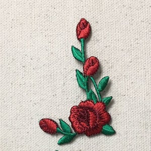 Red Rose Buds - on Stem - Facing Left - Iron on Applique - Embroidered Patch - 696801-AL