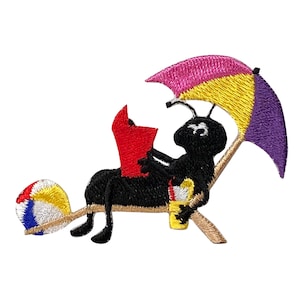 May include: An embroidered patch of a black ant wearing a pink, yellow, and purple beach umbrella, sitting on a beach chair with a red book and a yellow and blue beach ball.