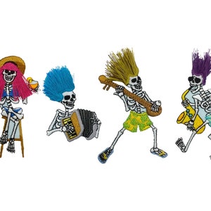 Rockabilly Skeleton Band, Accordion, Banjo, Cocktail, Saxophone, Embroidered, Iron on Patch