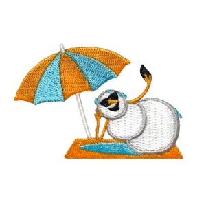 Snowman Taking a Selfie - Orange/Blue Umbrella and Towel - Christmas Beach Vacation - Iron on Applique - Embroidered Patch