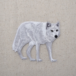 Large White Wolf - Arctic - Full Body - Walking Right - Iron on Applique - Embroidered Patch - WA55