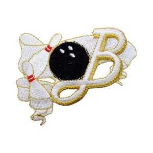 Bowling with Ball and Pins, Banner Flags, Sports, Embroidered Iron on Patch