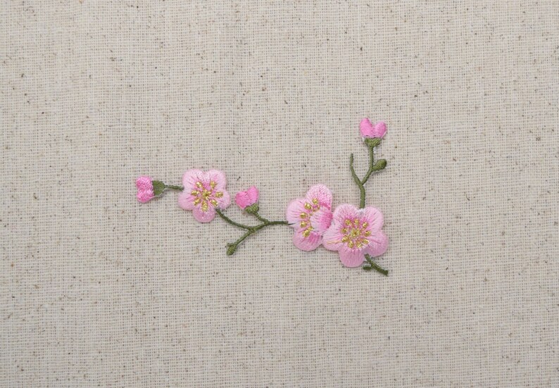 Cherry Blossom Pink Flowers Green Stem LEFT or RIGHT Iron on Applique Embroidered Patch 611517 image 2