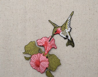 Ruby Red Throat Hummingbird - Pink Flowers - Iron on Applique - Embroidered Patch - 696072-A