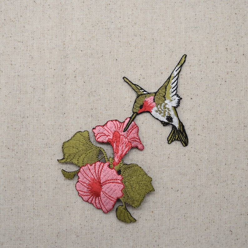 Ruby Red Throat Hummingbird Pink Flowers Iron on Applique Embroidered Patch 696072-A image 1