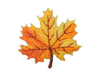 May include: A yellow and orange embroidered maple leaf with a brown stem.