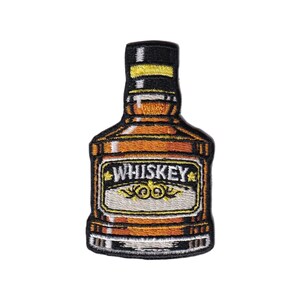 May include: Embroidered patch in the shape of a whiskey bottle. The patch features a brown bottle with a black cap and a label that reads "WHISKEY" in white lettering. The label is framed with gold accents.
