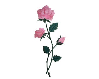 10" Pink Rose, Open Petals on Long Stem, Flowers, Embroidered, Iron on Patch