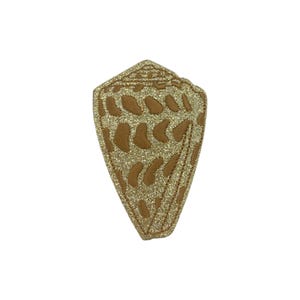 May include: A cone shell shaped patch featuring a gold glitter finish and brown embroidered markings. The design includes a textured top section with a geometric pattern and a pointed base, finished with a stitched border around the entire edge.