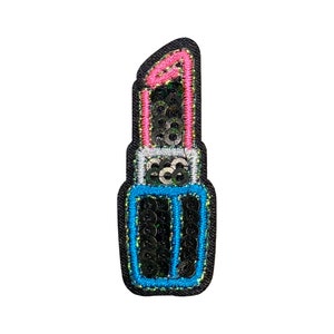 May include: A black and blue lipstick patch with pink and silver sequins. The patch is made of fabric and has a shiny finish.