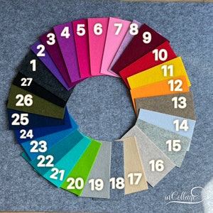 Könnte beinhalten: Eine Farbkarte mit 27 Filzmustern, die in einem Kreis angeordnet sind. Die Muster sind von 1 bis 27 nummeriert, wobei die Zahlen in Weiß auf den Filz gedruckt sind. Die Farben umfassen Rot, Orange, Gelb, Grün, Blau, Lila, Rosa und Grau.