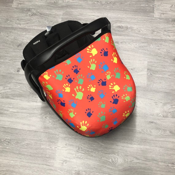 Handmade Car Seat Hood: Orange Multi Handprint Canopy, UPF50+ Sunshade