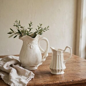 May include: Two cream-colored ceramic pitchers with vertical ribbed detailing. The larger pitcher features a scalloped rim and a twisted handle, containing green leafy sprigs. The smaller pitcher has a faceted body and a curved handle.