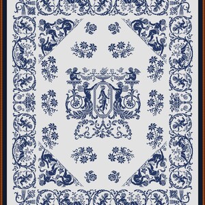 May include: A blue and white embroidery pattern featuring cherubs, flowers, and a central design with a cherub holding a staff. The pattern is framed in a dark wood frame.