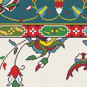 May include: A colorful rug with a floral pattern. The rug has a blue, green, red, yellow, and white design. The rug is made of a woven fabric.