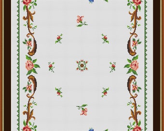 Aubusson Stil Kreuzstich Tischläufer Stickmuster Stickmuster, PDF Muster, Sofort Download PDF