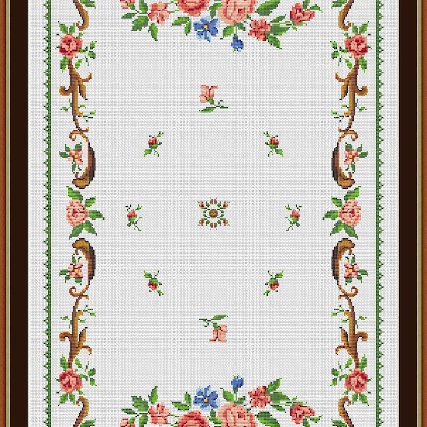 Aubusson style Cross Stitch Table Runner chart embroidery stitch pattern,pdf pattern, Instant download PDF