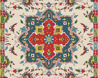 Puede incluir: Una alfombra colorida con un patrón floral y un medallón central. La alfombra tiene un fondo crema con acentos rojos, azules, verdes, amarillos y rosas.