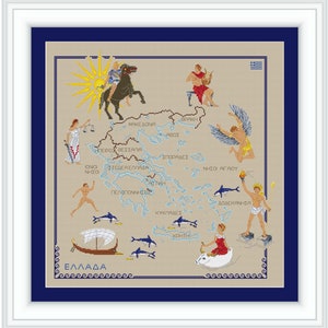 Landkarte von Griechenland Kreuzstichmuster, griechischer Text, Pdf-Muster, Instant Download PDF