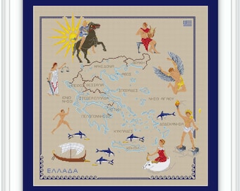 Landkarte von Griechenland Kreuzstichmuster, griechischer Text, Pdf-Muster, Instant Download PDF