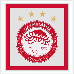 May include: Red and white circular logo with the text "Olympiakos Piraeus" in Greek, a laurel wreath, a profile of a person's head, and the year "1925". Three gold stars are above the logo.