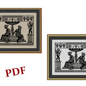 Greek  scene cross stitch pattern, filet crochet pattern  antique style monochrome Instant download PDF Digital pattern cross-stitch