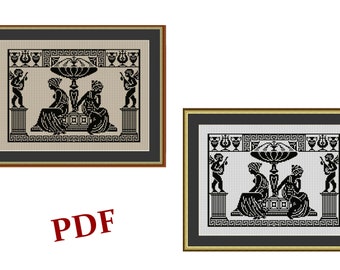 Greek  scene cross stitch pattern, filet crochet pattern  antique style monochrome Instant download PDF Digital pattern cross-stitch