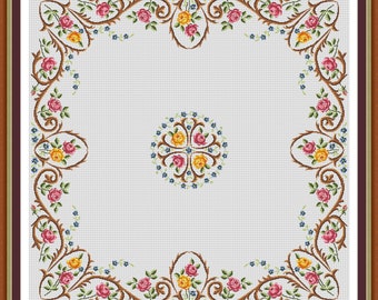 Barock Inspiriert Floral Square Tischdecke prächtige Gobelin Stickerei Nadelspitze, Kreuzstich Muster Sofortiger Download PDF