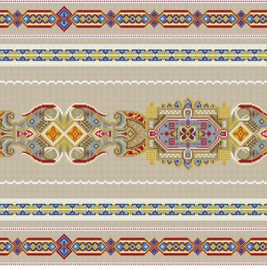 Può includere: Un tappeto rettangolare beige con un motivo geometrico colorato. Il tappeto ha un bordo con un motivo ripetitivo di rosso, blu e giallo.