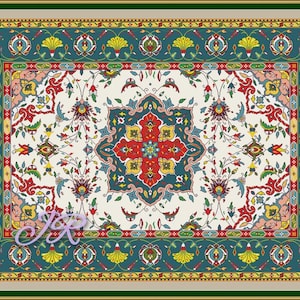 May include: A colorful rug with a floral pattern and a central medallion. The rug has a teal border with yellow flowers and a white background.