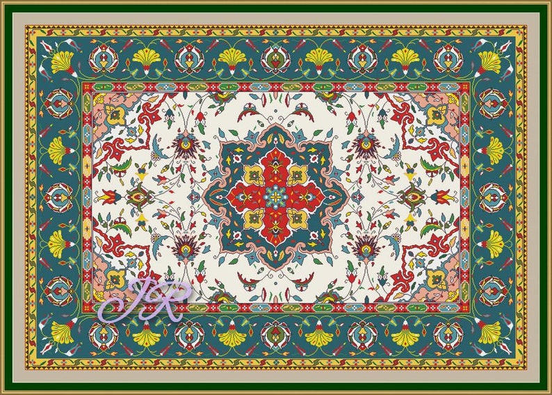May include: A colorful rug with a floral pattern and a central medallion. The rug has a teal border with yellow flowers and a white background.