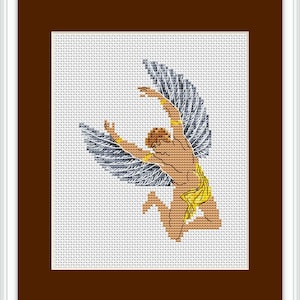 Könnte beinhalten: Ein Kreuzstichmuster einer geflügelten Figur mit einem gelben Lendenschurz, die mit ausgebreiteten Armen fliegt.