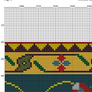 May include: A cross-stitch pattern for an oriental carpet design. The pattern features a repeating design of yellow, red, green, and blue squares and rectangles. The pattern is on a white background with black grid lines.