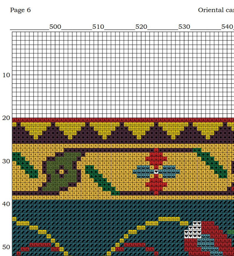 May include: A cross-stitch pattern for an oriental carpet design. The pattern features a repeating design of yellow, red, green, and blue squares and rectangles. The pattern is on a white background with black grid lines.