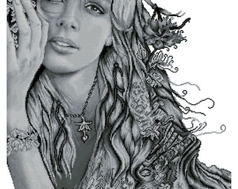 Patrón de punto de cruz, "Hermosa mujer" de Juliet Rose, bordado, arte famoso, punto de cruz contado, descarga instantánea en PDF.