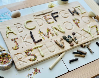 Heirloom Quality Double Sided Wooden Alphabet Tracing Board. Montessori inspired ABC uppercase lowercase wood letters, Handwriting practice