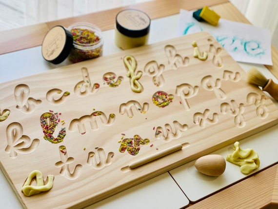 Heirloom Quality 2 Sided Wooden Cursive Alphabet Tracing Board. Montessori inspired ABC uppercase lowercase wood letter tracing dyslexia opt