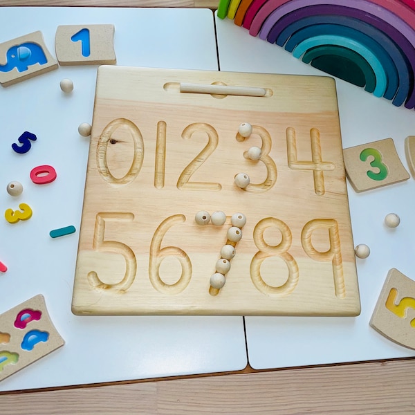 Heirloom Quality Double Sided Wooden Numbers and Shapes Tracing Board. Montessori inspired wood numerals, geometry and math tracing board.