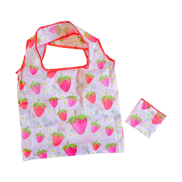 Reusable bag, Strawberry tote bag, foldable bag, shopping bag