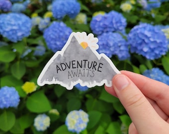 Adventure Awaits Sticker: Waterproof Mountain Laptop Decal